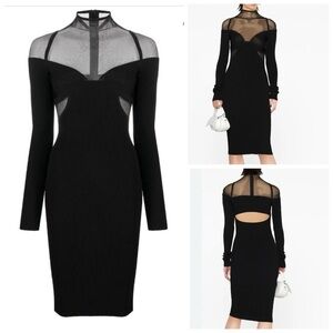 $2k Nensi Dojaka sheer panel ribbed knit long sleeve cut out black midi dress S